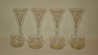 Vintage 8 Pc.  Drink Ware Set Clear Glass W/ Etched Stars 4 Goblets & 4 Mini Roly