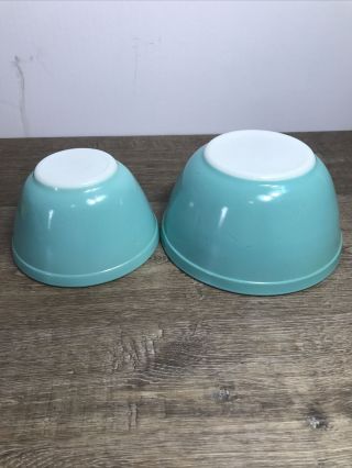 2 Vintage Pyrex Mixing Bowls 401 402 Turquoise.  Scratched Sides G1 2