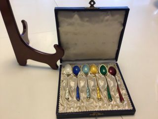 Vintage Ela Denmark Sterling Silver & Enamel Set Of 6 Demitasse Spoons