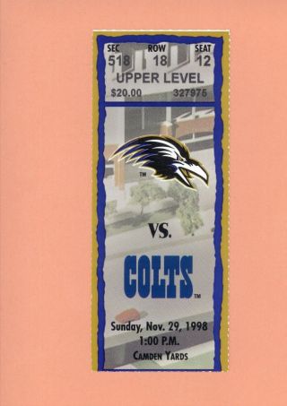 Indianapolis Colts Baltimore Ravens 1998 Ticket Peyton Manning Rookie Nfl Season