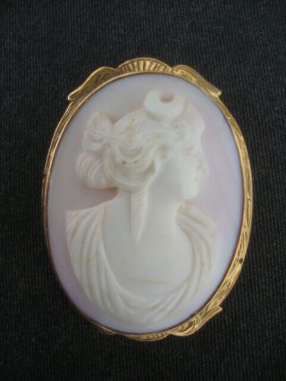 Large Antique 10k Gold Light Pink Cameo Brooch Carved Victorian Lady Pin 11 Grms