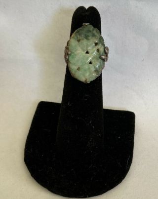 Gorgeous 1930s Art Deco Carved Jade Sterling Antique Ring Size 4 Could Be Sized