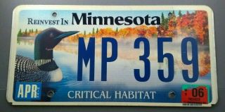 2004 Minnesota License Plate Tag Mp 359 Critical Habitat Loon Lake Woods