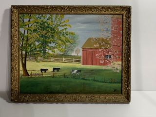 Wonderful Antique American Primitive Folk Art Farm Scene Landscape Painting