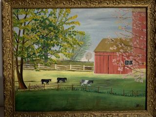 Wonderful Antique American Primitive Folk Art Farm Scene Landscape Painting 2