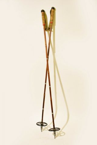 Vintage Antique Bamboo Wooden Ski Poles Cork Grip Leather Strap