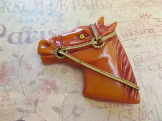 Vintage Bakelite Carved Horse Head Pin Glass Eye Book Piece Deeply Carved