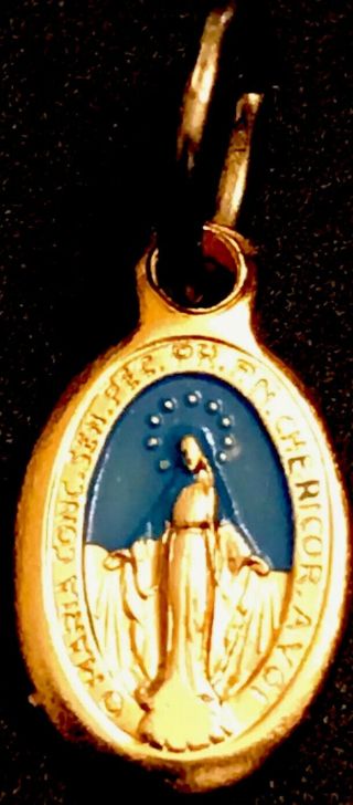 Vintage Catholic Miraculous Mary Blue Enamel Gold Tone Small Medal Pendant