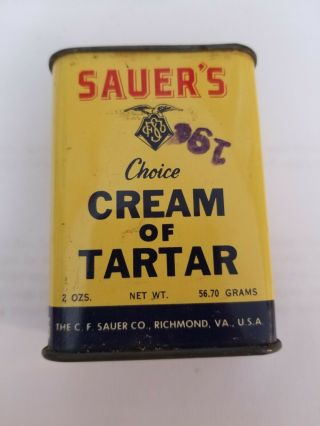 Vintage Sauers Cream Of Tartar Spice Tin Can 19 Cent Price Mark