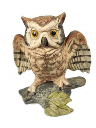 Vintage Horned Owl On Branch Figurine Hand Painted Old Wings Spread
