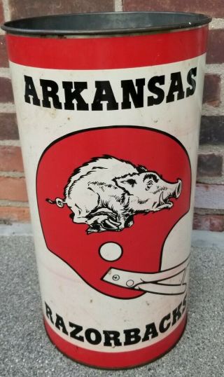 Vintage Ncaa Arkansas Razorbacks Football Metal Trash Can Waste Basket 19 1/2