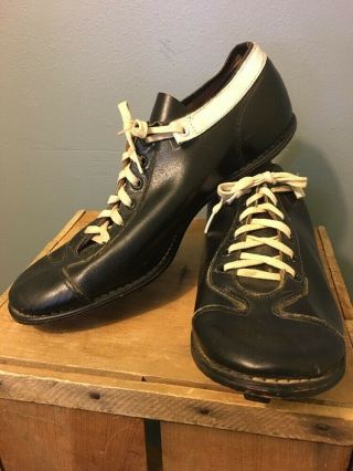 Vtg Antique 50s 60s Black White Leather Baseball Cleats Shoes Spikes Mens 11 - 1/2