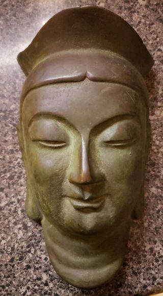 Vintage Chinese Old Cast Bronze Buddha Face Mask Wall Hanging