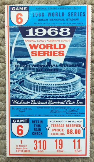 1968 World Series Ticket Stub Game 6 Detroit Tigers Vg/ex