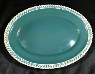 Vintage Harker Pottery Corinthian Teal Green White Rim 12” Oval Serving Platter