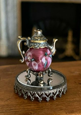 Vintage Miniature Dollhouse Artisan Unique Antique Pink Glass Tea Pot Metal Tray