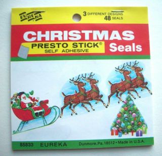 Vintage Christmas Santa Sleigh Tree Stickers Sheets 48 Seals 3 Designs Eureka