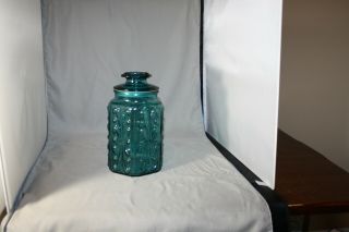 Vintage Le Smith Imperial Atterbury Scroll Teal Blue Glass Canister Jar 9” Exc
