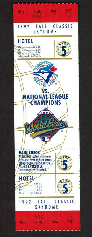 1992 Game 5 World Series Full Ticket Stub Atlanta Braves At Toronto Blue Jays
