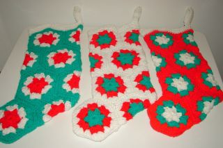 Vintage Crochet Christmas Stockings Granny Square 20 " Green Red White