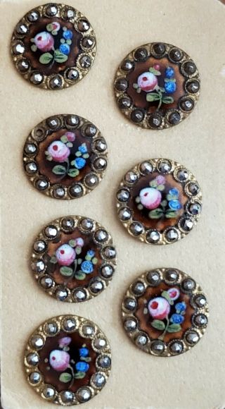 Set Of Seven Antique Enamel & Steel Cut Beaded Buttons Roses & Forget Me Nots