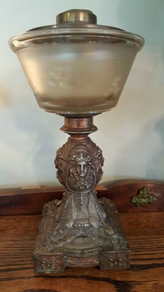 Antique Victorian Ornate 4 Faces Cast Iron Composite Oil Kerosene Lamp Shamrock