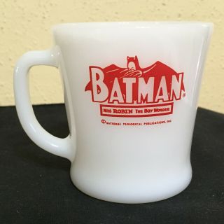 Vintage Fire King Batman Robin Anchor Hocking White Milk Glass Mug Cup Red Decal