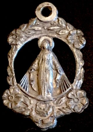 Vintage Catholic Miraculous Mary Silver Tone Religious Medal Italy