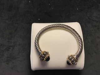 Vintage Silver Tone Heavy Duty Twisted Rope Cuff Bracelet With Black Beaded Ends
