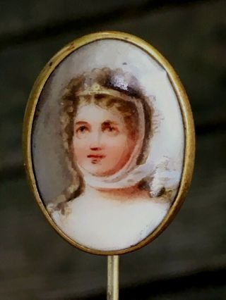 Antique Hand Painted Portrait Of A Woman Stick Pin
