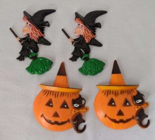 Vintage Halloween Witches & Jack - O - Lanterns Cake Toppers