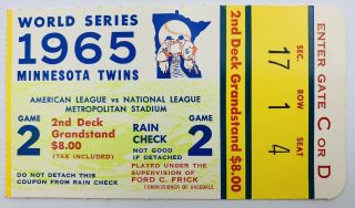 1965 World Series Game 2 Ticket Minnesota Twins Metropolitan Stadium Dodgers