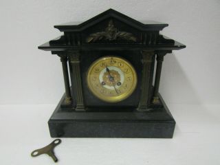 Antique Ad Mougin Black Slate Marble Mantel Clock With Pendulum