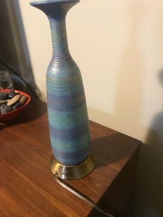 Mid Century Slender Ceramic Table Lamp Blues Aqua Gold Ring Circle Vintage Brass