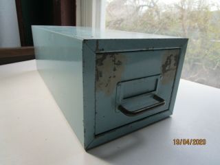 Vintage Blue Metal Box Index Card File Drawer With Handle 15 " Box Empty