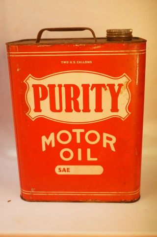 Antique Vintage 2 Gallon Purity Motor Oil Metal Can Red White