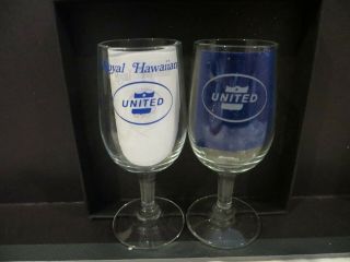 United Airlines Cordial Footed Glasses Royal Hawaii Blue Logo 4 " Tall