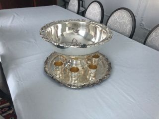 Vintage F.  B.  Rogers Silver Plate Punch Bowl With 8 Cups And Ladle
