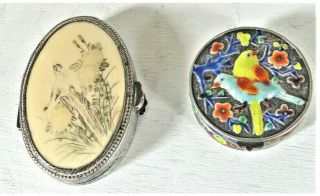 2 Chinese Export Silver & Enamel Pill / Snuff Boxes Love - Birds Signed 1920