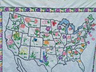 Vintage Usa Map State Flowers Embroidery Embroidered Sampler Needlework