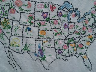 Vintage USA Map STATE FLOWERS Embroidery Embroidered Sampler Needlework 2