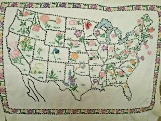 Vintage USA Map STATE FLOWERS Embroidery Embroidered Sampler Needlework 3