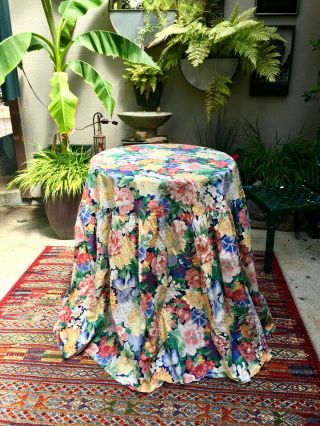 Vtg 70s Designer Floral Multi - Color Round W/ Gathered Skirt 36 " Dx30 " L Tablecloth