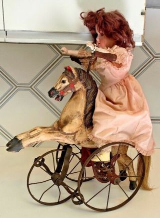 Antique Hand Carved Painted Horse Doll Toy Leather Saddle Tricycle Velocipede