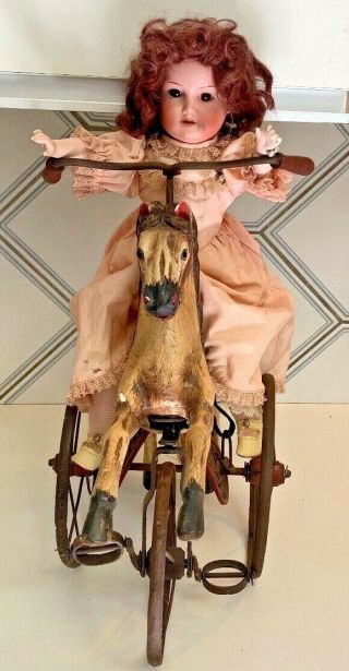Antique Hand carved painted Horse Doll Toy leather saddle Tricycle Velocipede 2