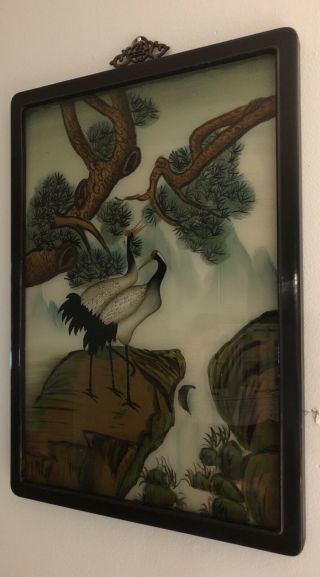 Vintage Chinese Reverse Painting On Glass Frame Cranes