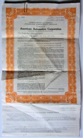 1934 Marmon Motor Car Co.  / American Automotive Corporation - Stock Certificate