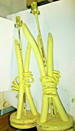 Vintage Handmade Twisted And Bent Yellow Painted Wood Table Lamps