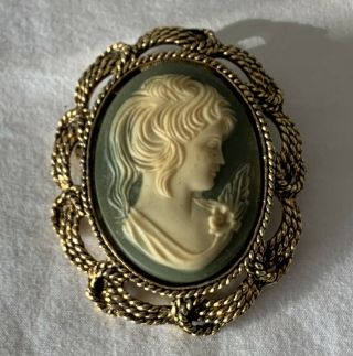 Vintage Faux Cameo Shell Costume Jewellery Brooch On Green Ground