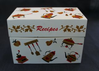 Vintage Ohio Art Recipe Box Metal Tin Tea Pot Coffee Grinder Kitchen Mcm Graphic